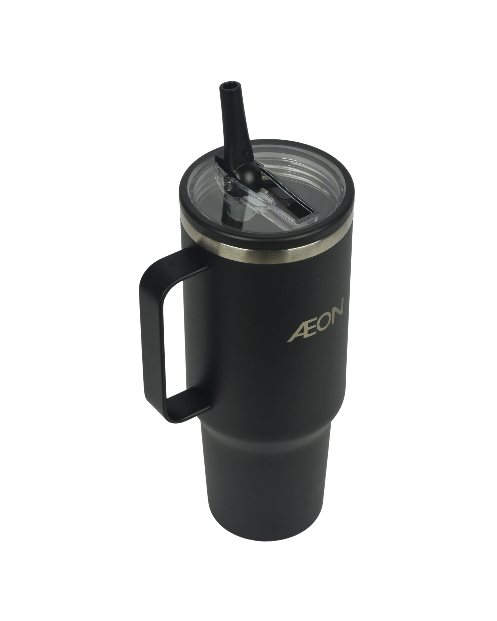 Black tumbler with handle and straw lid on a white background, featuring the Aeon brand.