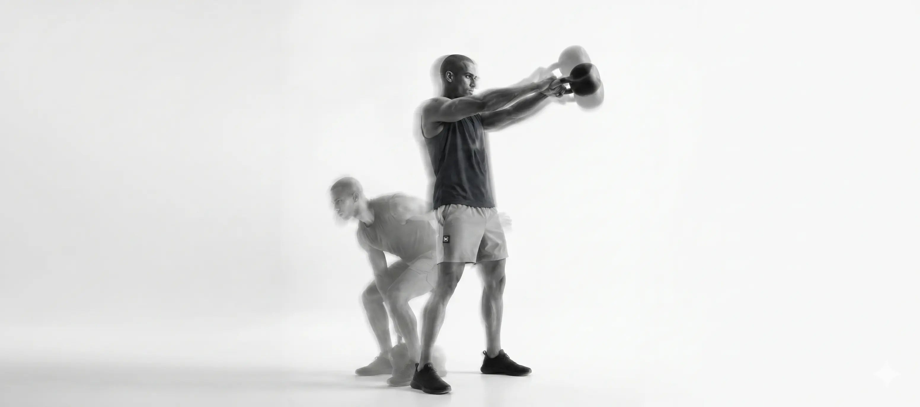 Two people exercising with kettlebells on a white background