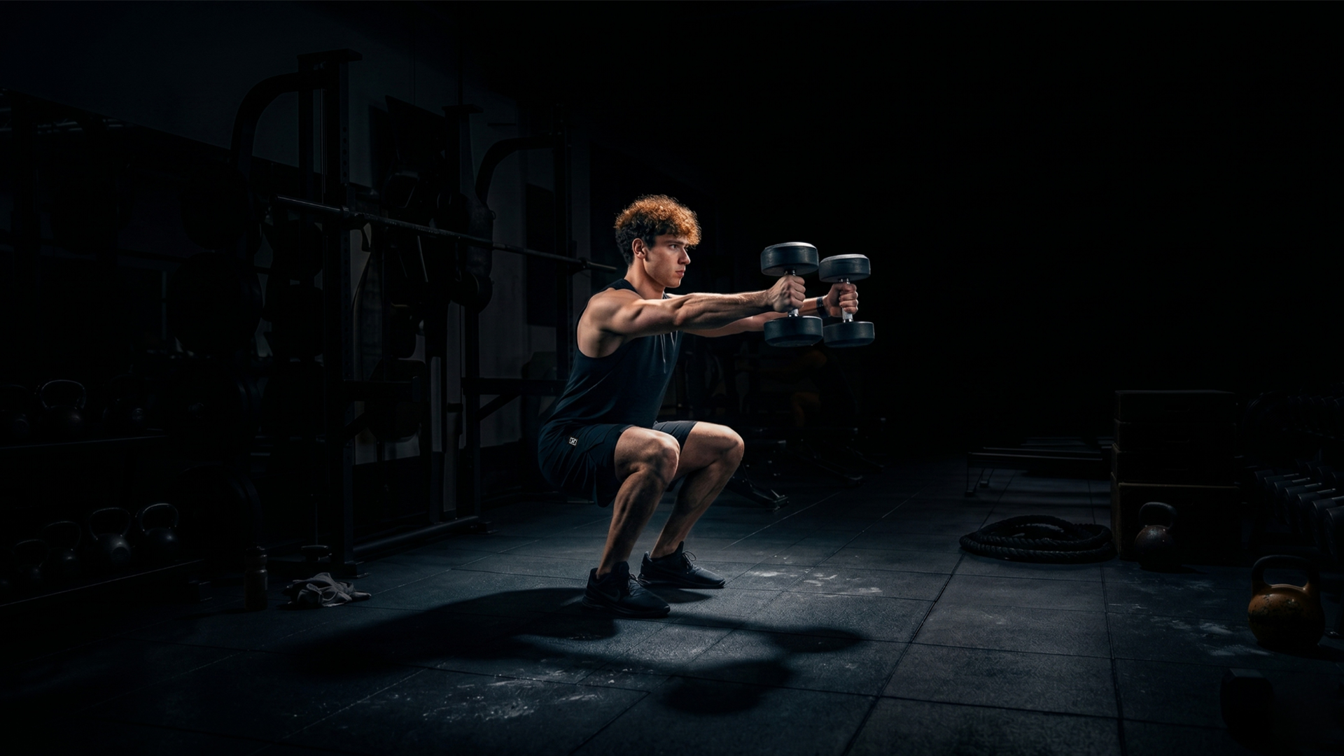 Man performing dumbbell squat workout in premium minimalist activewear at a modern gym