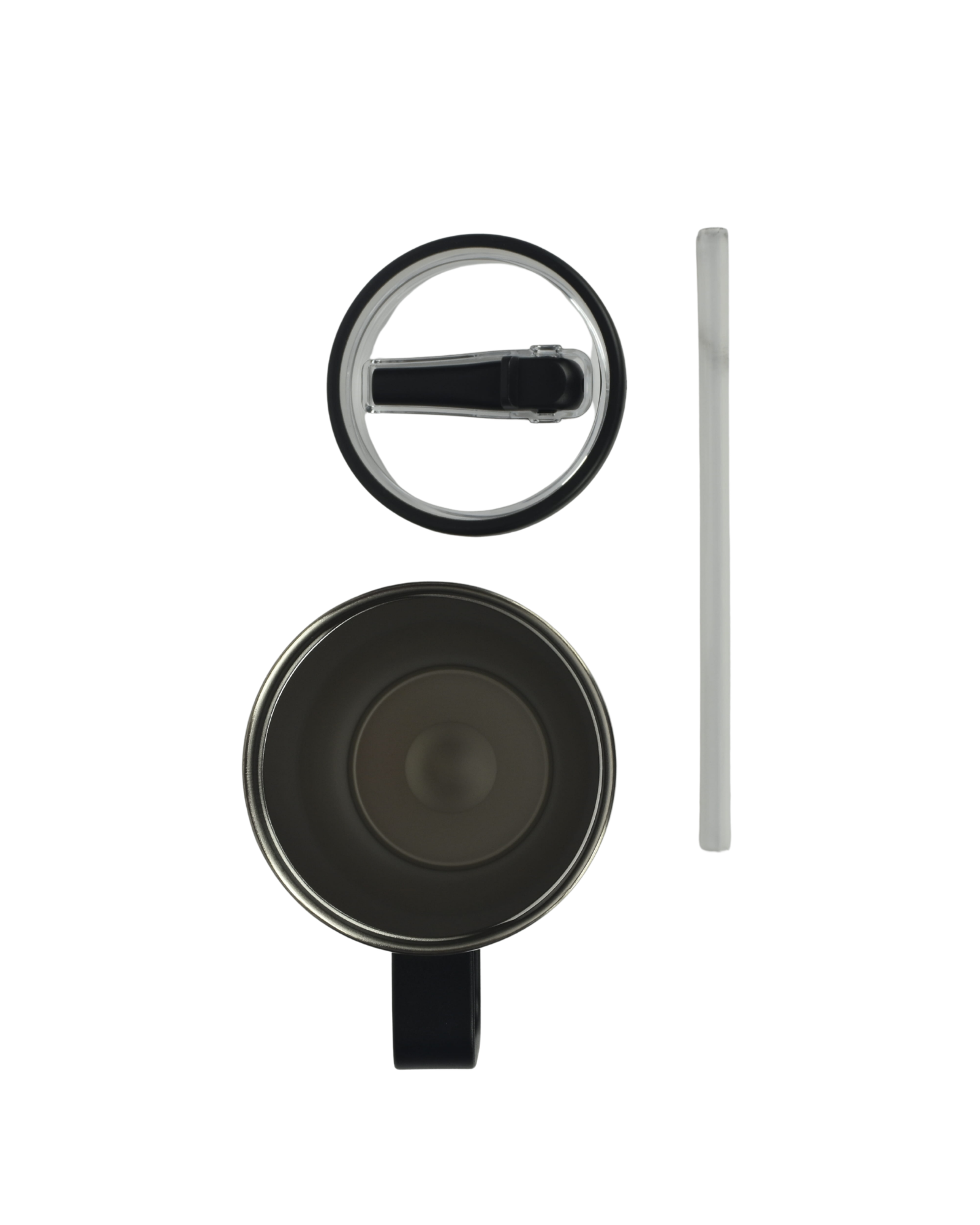 Black mug with handle, lid, and straw on a white background