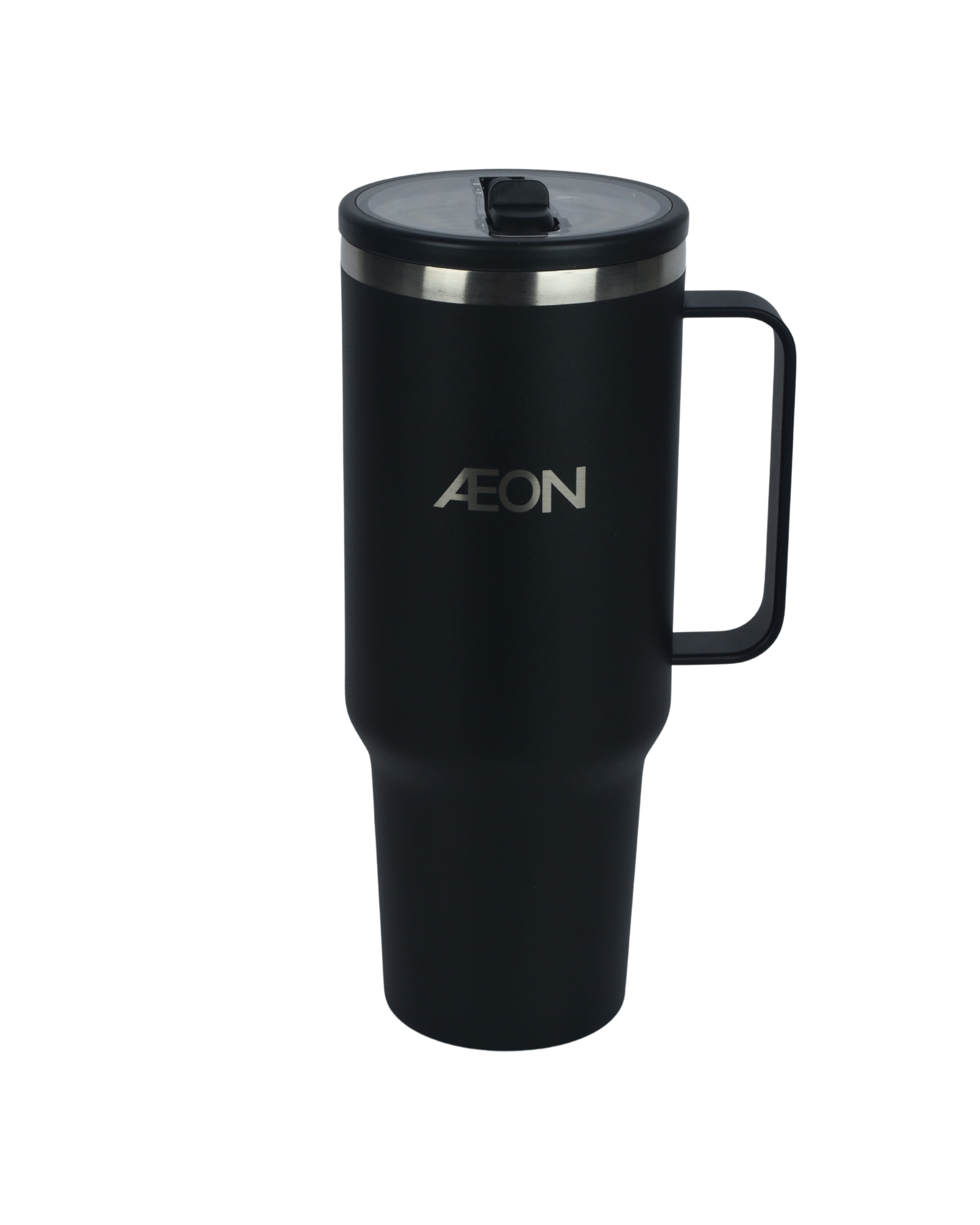 Black travel mug with handle and lid on a white background, featuring the Aeon logo.