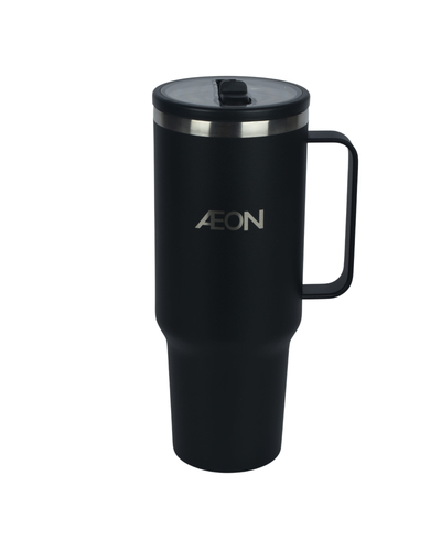 Black travel mug with handle and lid on a white background, featuring the Aeon logo.