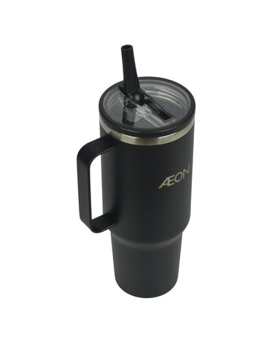Black tumbler with handle and straw lid on a white background, featuring the Aeon brand.