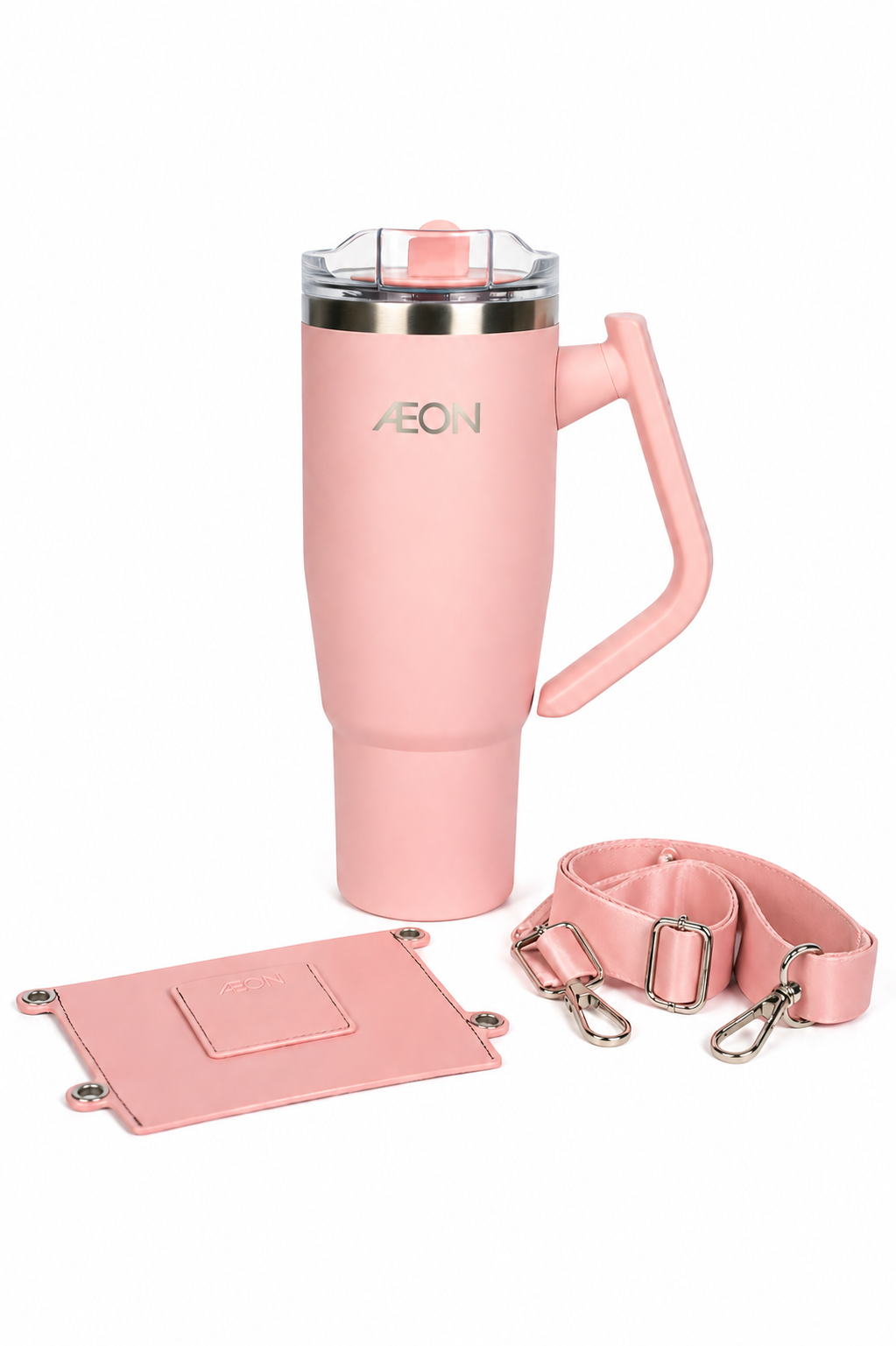 Pink travel mug with matching pouch and strap on a white background