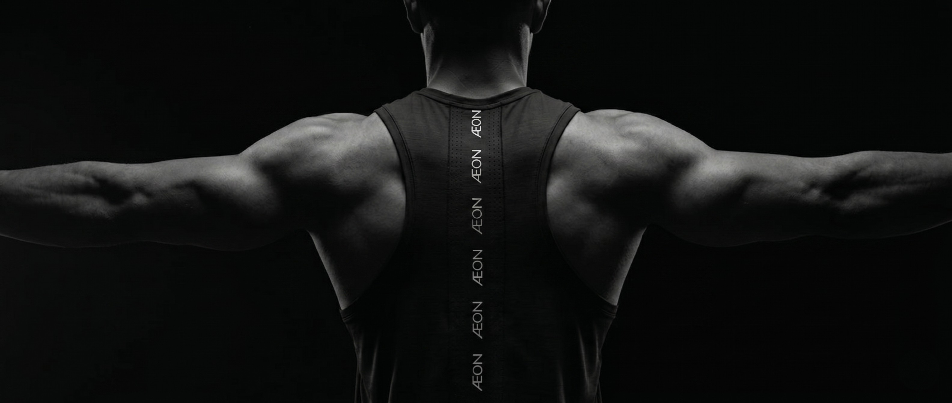 Muscular person wearing a tank top with text on the back against a black background
