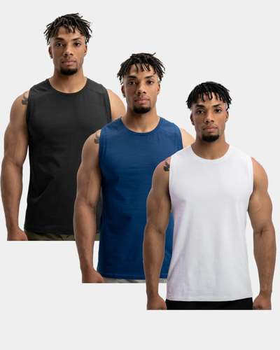 Three men wearing black, blue, and white tank tops on a white background